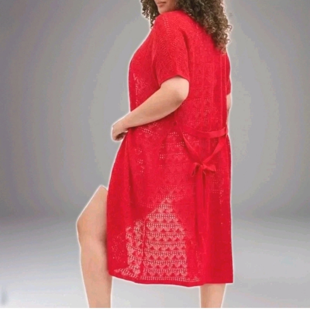 Torrid Duster Long Cardigan Plus 1X/2X Red Crochet Knit Waist Tie Short Sleeve